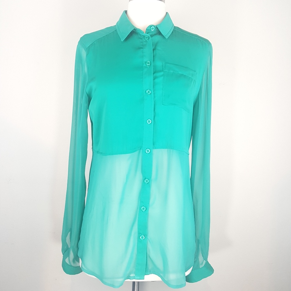 FREE PEOPLE Teal Crop Sheer Button Down Hi-Lo